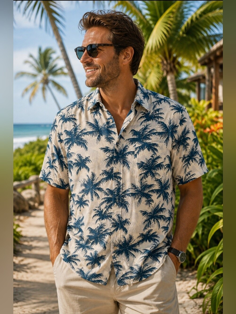 Men's Joe Marlin buttoned-up XXL shirt, with a tropical print & a tapered fit